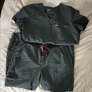 FIGS Deep green Scrub Set with Burgundy Tie